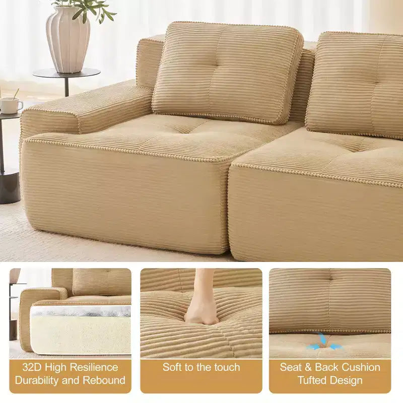 153 Modernes U-förmiges modulares Ecksofa für Wohnzimmer, Cordstoff, 4-Sitzer-Couch mit tiefer Sitzfläche und 2 beweglichen Ottomanen, Camel