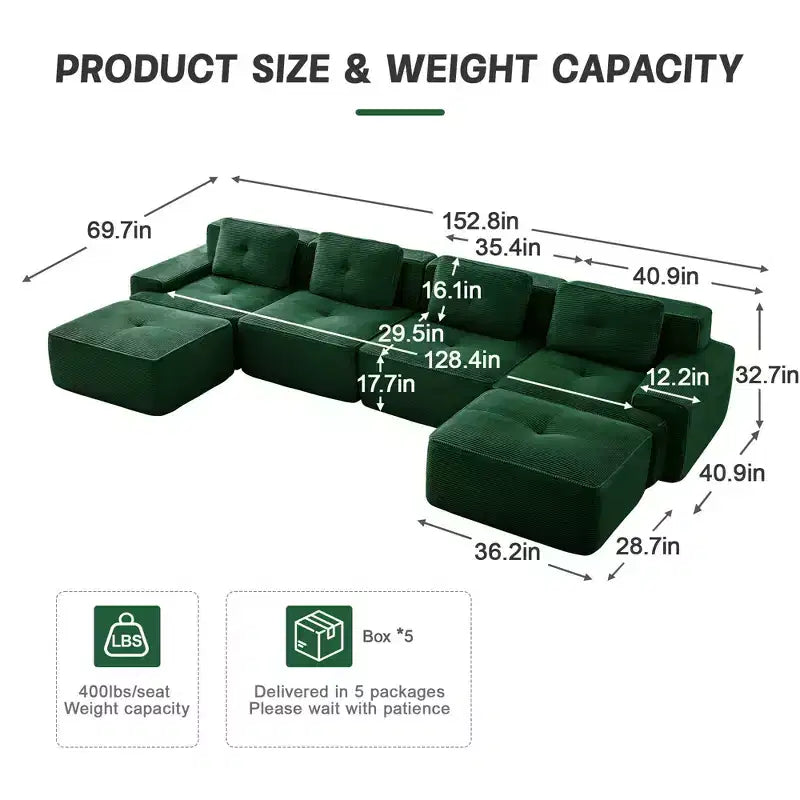 153 Modernes U-förmiges modulares Ecksofa für Wohnzimmer, Cordstoff, 4-Sitzer-Couch mit tiefer Sitzfläche und 2 beweglichen Ottomanen, Camel