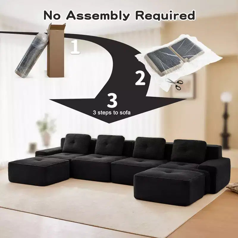 153 Modernes U-förmiges modulares Ecksofa für Wohnzimmer, Cordstoff, 4-Sitzer-Couch mit tiefer Sitzfläche und 2 beweglichen Ottomanen, Camel