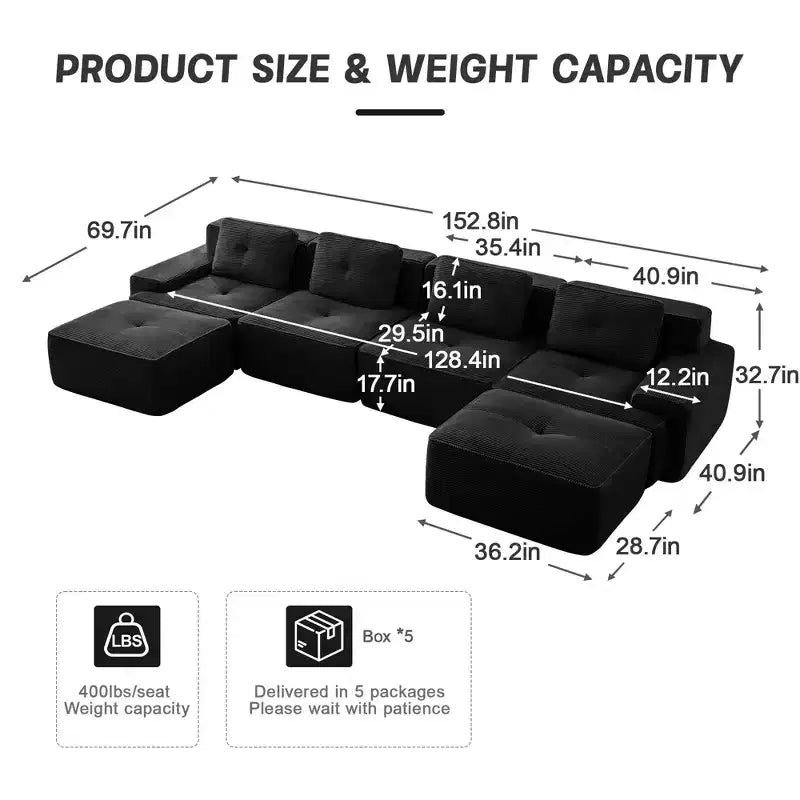 153 Modernes U-förmiges modulares Ecksofa für Wohnzimmer, Cordstoff, 4-Sitzer-Couch mit tiefer Sitzfläche und 2 beweglichen Ottomanen, Camel