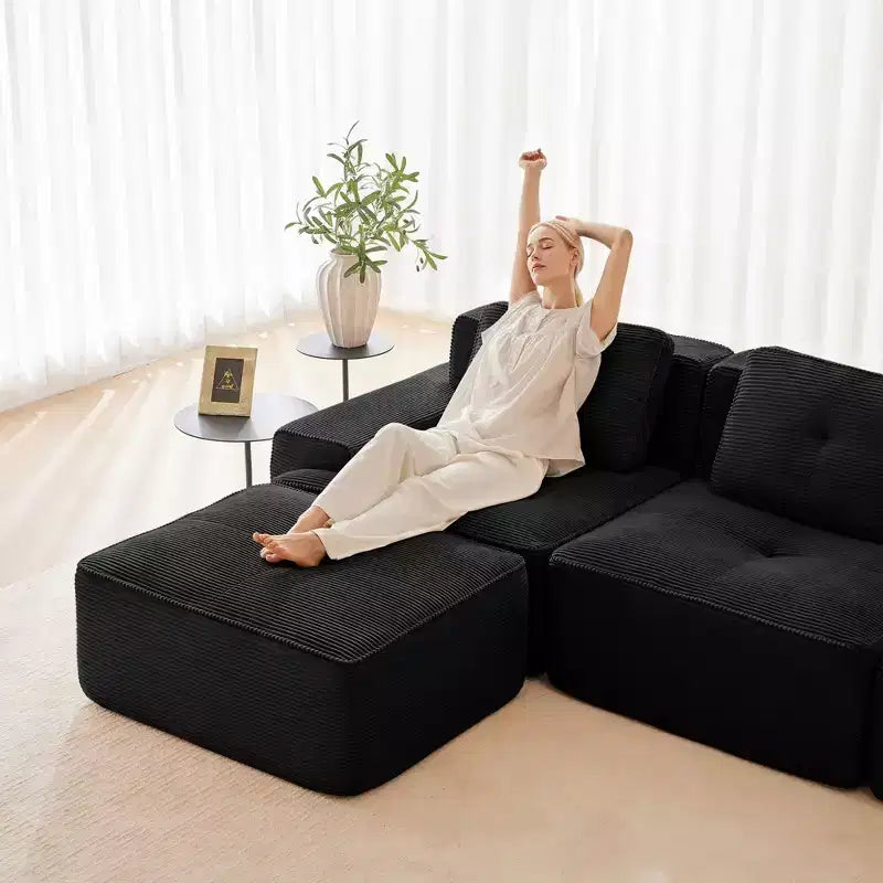 153 Modernes U-förmiges modulares Ecksofa für Wohnzimmer, Cordstoff, 4-Sitzer-Couch mit tiefer Sitzfläche und 2 beweglichen Ottomanen, Camel