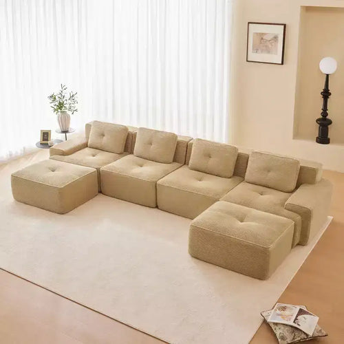 153 Modern U-Shaped Modular Sectional Sofa for Living Room, Corduroy Fabric,4-Seater Couch with Deep Seat and 2-Movable Ottoman, Camel