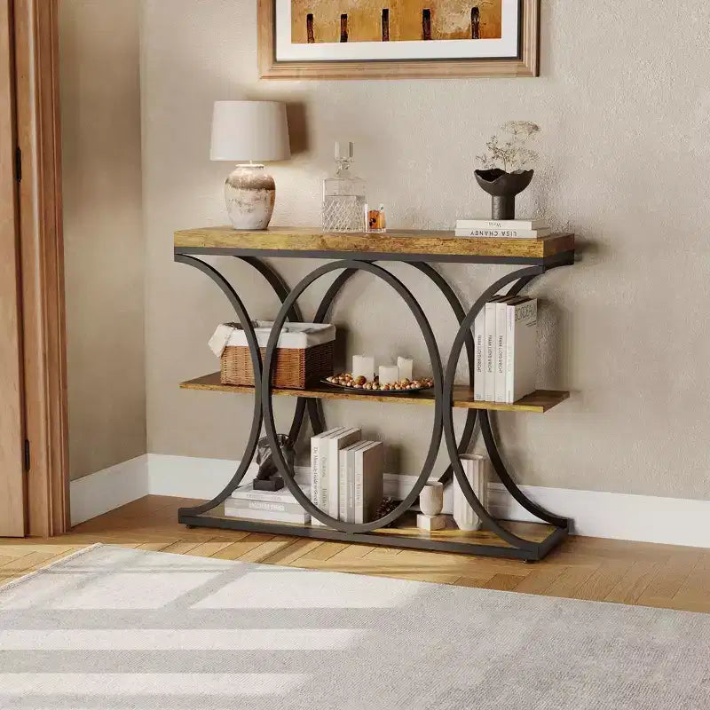39 Industrieller Konsolentisch, 3-stöckiger Sofatisch mit rundem Metallgestell, Akzenttisch mit Holzablagen, für das Wohnzimmer