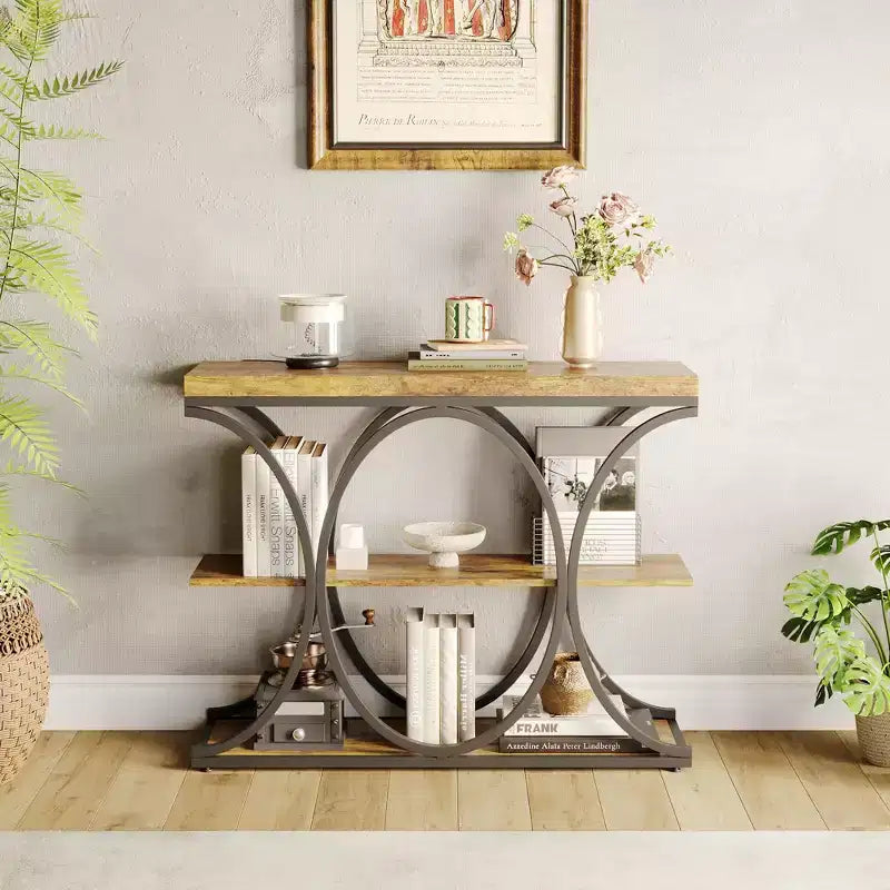 39 Industrial Entryway Table, 3-Tier Console Table Sofa Table with Circle Metal Frame, Accent Table with Wooden Storage Shelves, for Living Room