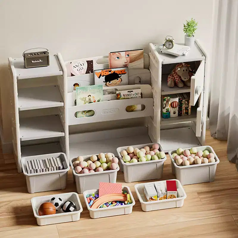 Whisen Kids Toy Storage Organizer, 8 Storage Cabinet Toy Bins, 4-Tier Book Storage and 2 Cabinet Storage - Gray & Ivory