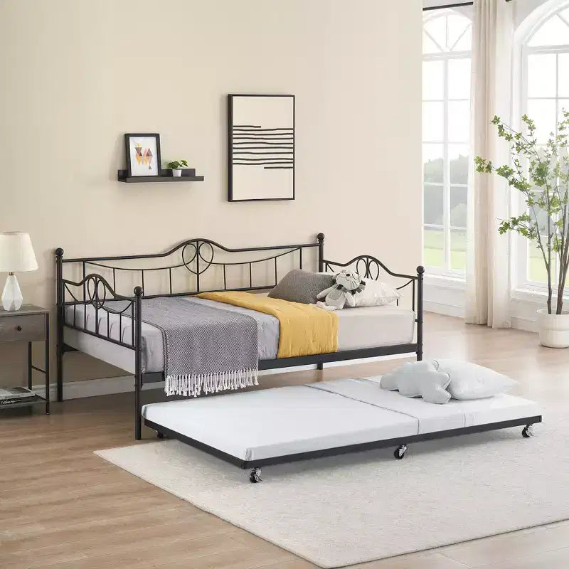 Modern Twin Daybed with Trundle and Backrest, Pull-Out Daybed Sofa Bed, Space-Saving, Easy Assembly, Steel Slat Support, for Living Room, Bedroom