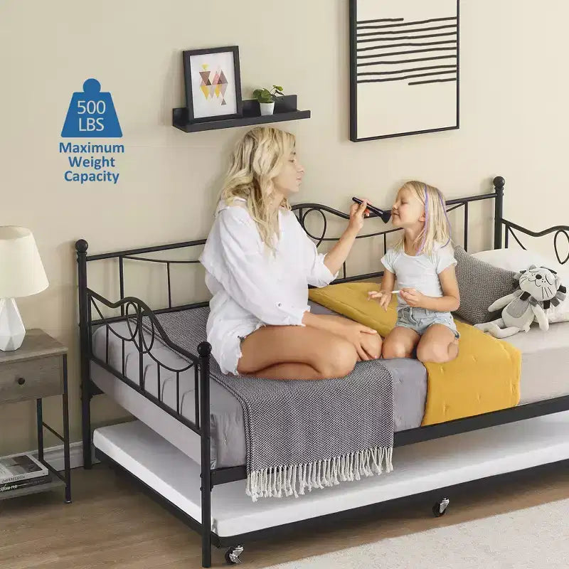 Modernes Tagesbett mit Rollbett und Rückenlehne, ausziehbares Tagesbett-Sofa, platzsparend, einfache Montage, Stahlfederung, für Wohnzimmer, Schlafzimmer