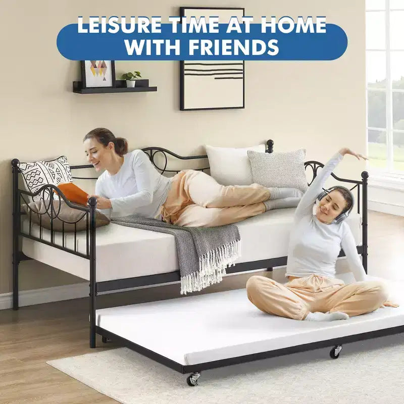 Modernes Tagesbett mit Rollbett und Rückenlehne, ausziehbares Tagesbett-Sofa, platzsparend, einfache Montage, Stahlfederung, für Wohnzimmer, Schlafzimmer