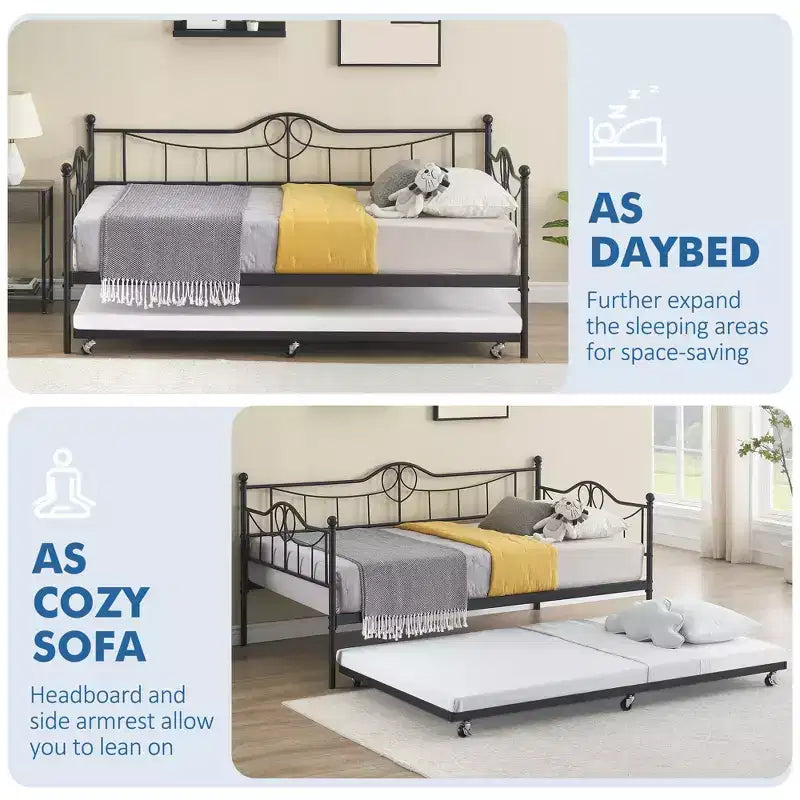 Modernes Tagesbett mit Rollbett und Rückenlehne, ausziehbares Tagesbett-Sofa, platzsparend, einfache Montage, Stahlfederung, für Wohnzimmer, Schlafzimmer