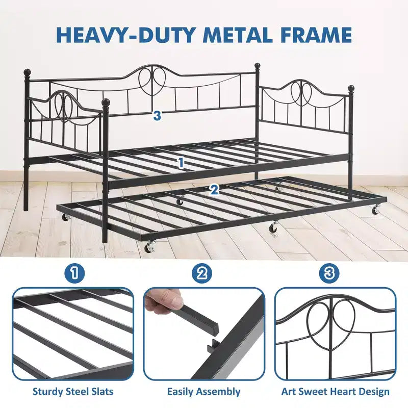 Modernes Tagesbett mit Rollbett und Rückenlehne, ausziehbares Tagesbett-Sofa, platzsparend, einfache Montage, Stahlfederung, für Wohnzimmer, Schlafzimmer