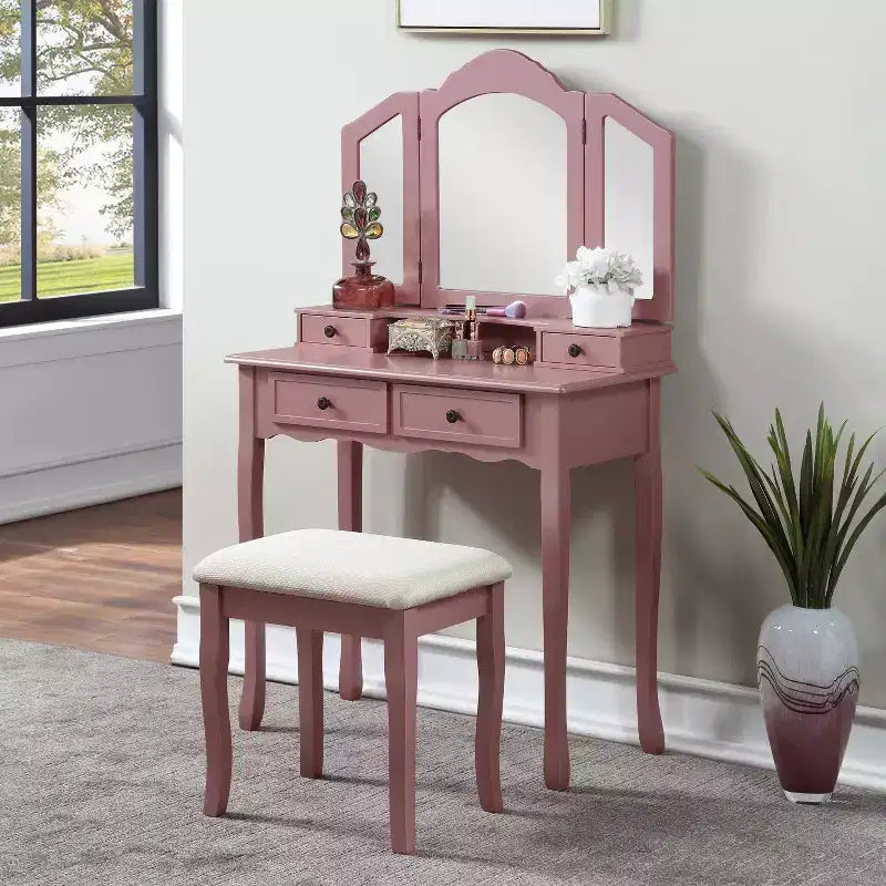 Sanlo Schminktisch und Hocker Set aus Holz, Roségold