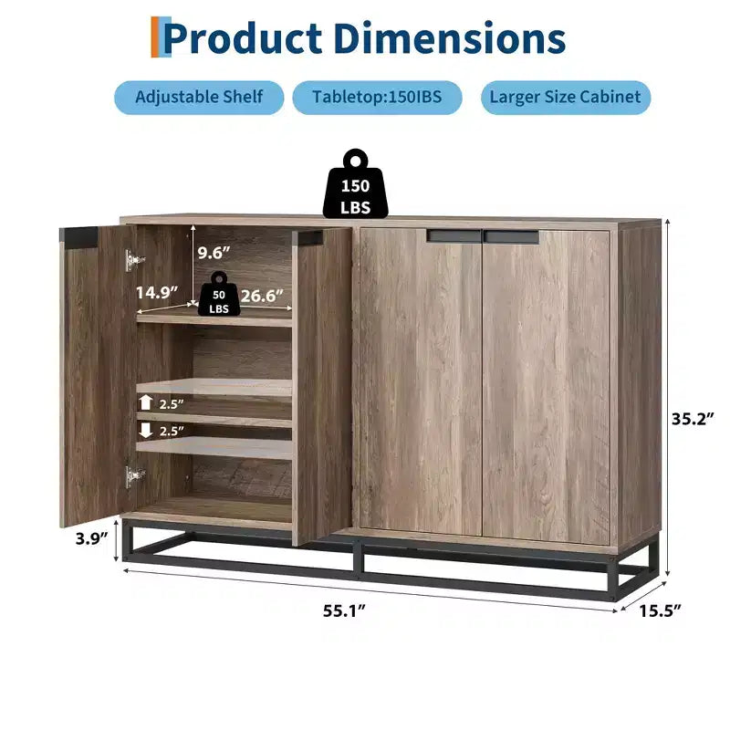 55 Sideboard Kredenz Modernes Buffet Aufbewahrungsschrank mit 4 Türen & Metallgestell, verstellbare Einlegeböden Akzent Couchtisch für Esszimmer
