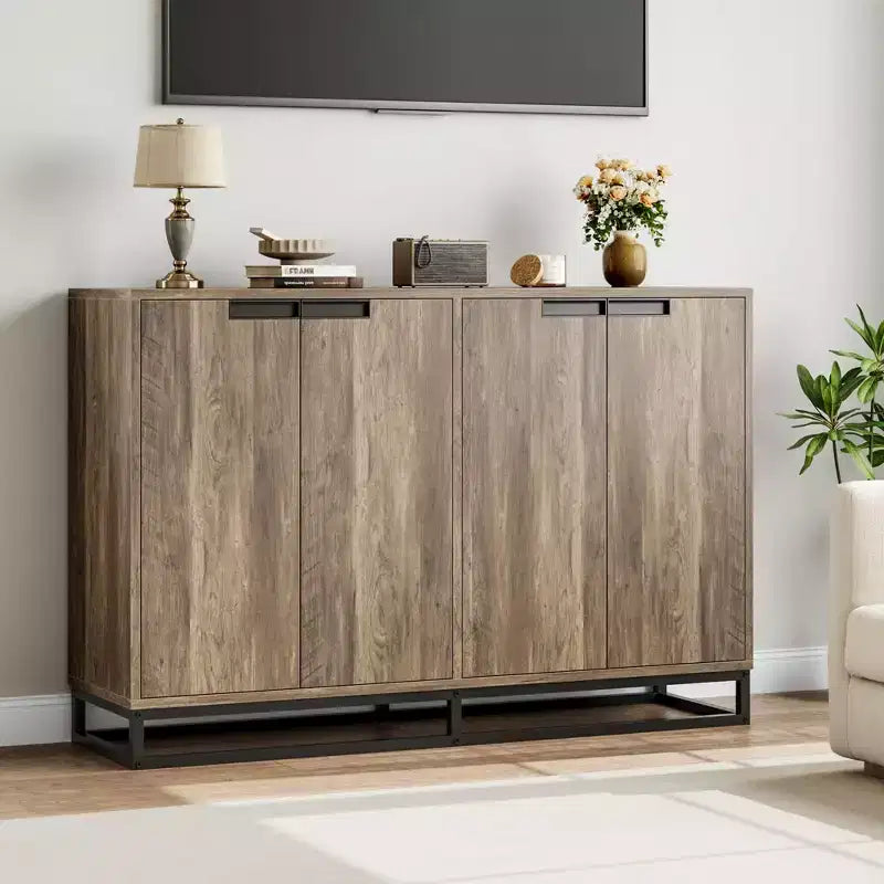 55 Sideboard Kredenz Modernes Buffet Aufbewahrungsschrank mit 4 Türen & Metallgestell, verstellbare Einlegeböden Akzent Couchtisch für Esszimmer