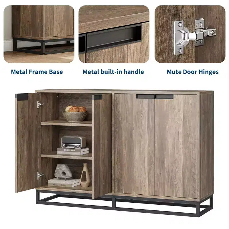 55 Sideboard Kredenz Modernes Buffet Aufbewahrungsschrank mit 4 Türen & Metallgestell, verstellbare Einlegeböden Akzent Couchtisch für Esszimmer
