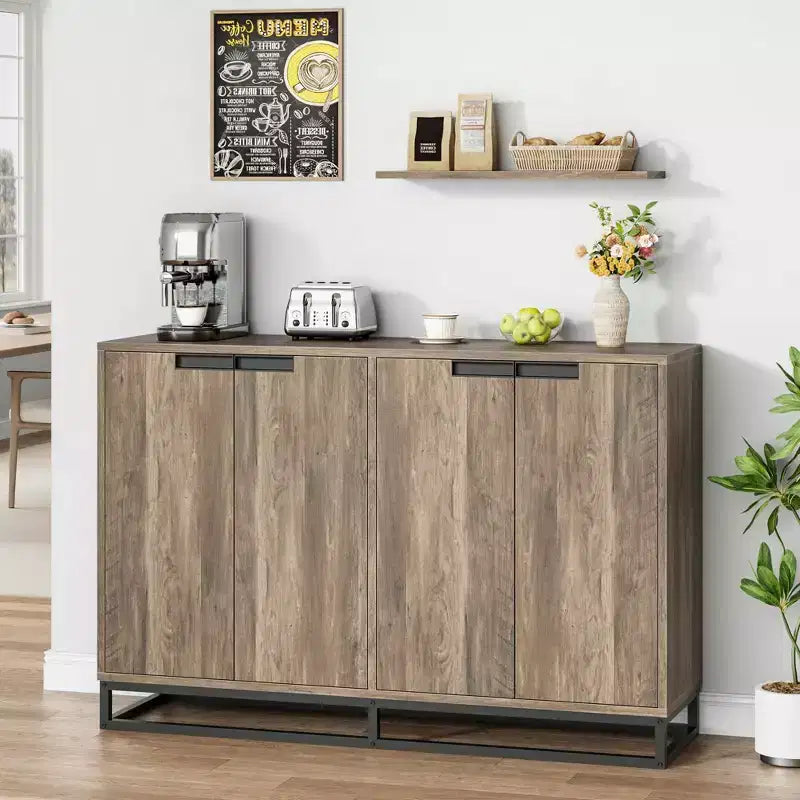 55 Sideboard Kredenz Modernes Buffet Aufbewahrungsschrank mit 4 Türen & Metallgestell, verstellbare Einlegeböden Akzent Couchtisch für Esszimmer