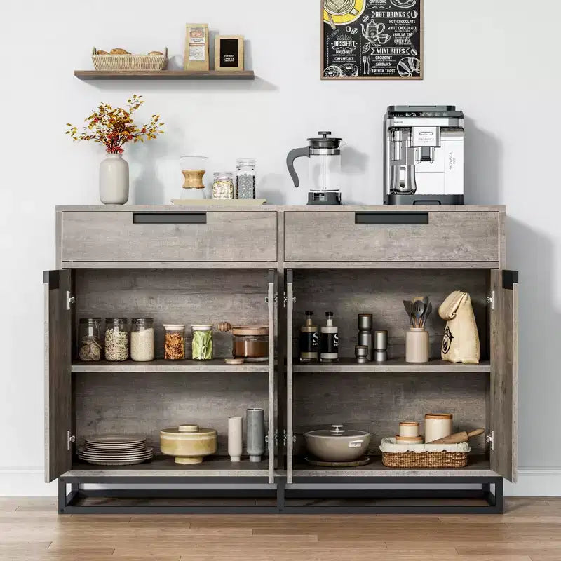 55 Sideboard Kredenz Modernes Buffet Aufbewahrungsschrank mit 4 Türen & Metallgestell, verstellbare Einlegeböden Akzent Couchtisch für Esszimmer