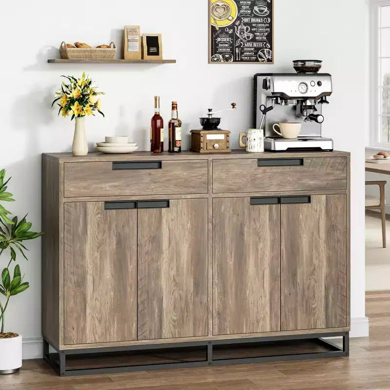 55 Sideboard Kredenz Modernes Buffet Aufbewahrungsschrank mit 4 Türen & Metallgestell, verstellbare Einlegeböden Akzent Couchtisch für Esszimmer