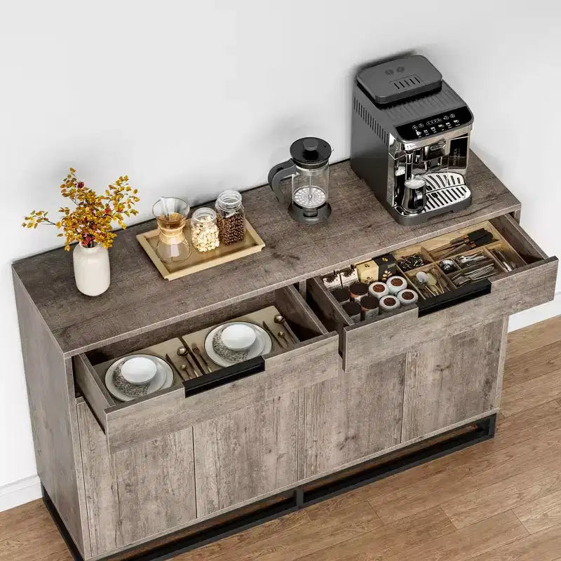 55 Sideboard Kredenz Modernes Buffet Aufbewahrungsschrank mit 4 Türen & Metallgestell, verstellbare Einlegeböden Akzent Couchtisch für Esszimmer