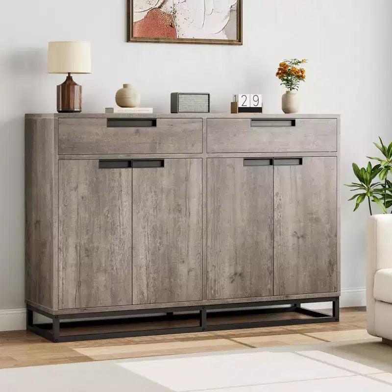 55 Sideboard Kredenz Modernes Buffet Aufbewahrungsschrank mit 4 Türen & Metallgestell, verstellbare Einlegeböden Akzent Couchtisch für Esszimmer