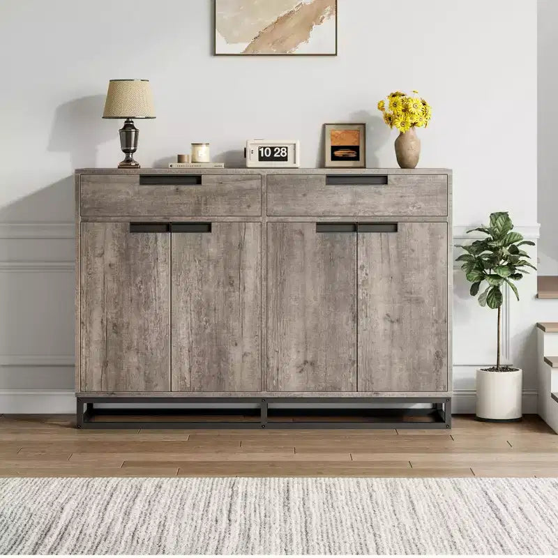 55 Sideboard Kredenz Modernes Buffet Aufbewahrungsschrank mit 4 Türen & Metallgestell, verstellbare Einlegeböden Akzent Couchtisch für Esszimmer