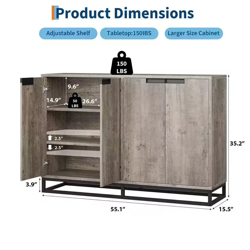 55 Sideboard Kredenz Modernes Buffet Aufbewahrungsschrank mit 4 Türen & Metallgestell, verstellbare Einlegeböden Akzent Couchtisch für Esszimmer