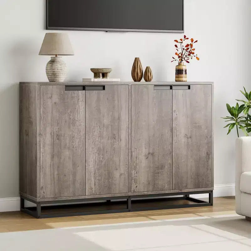 55 Sideboard Kredenz Modernes Buffet Aufbewahrungsschrank mit 4 Türen & Metallgestell, verstellbare Einlegeböden Akzent Couchtisch für Esszimmer