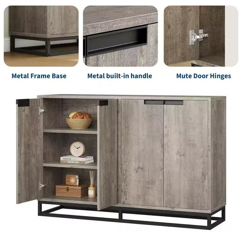 55 Sideboard Kredenz Modernes Buffet Aufbewahrungsschrank mit 4 Türen & Metallgestell, verstellbare Einlegeböden Akzent Couchtisch für Esszimmer
