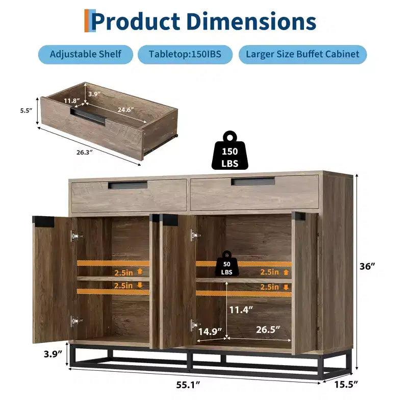 55 Sideboard Kredenz Modernes Buffet Aufbewahrungsschrank mit 4 Türen & Metallgestell, verstellbare Einlegeböden Akzent Couchtisch für Esszimmer