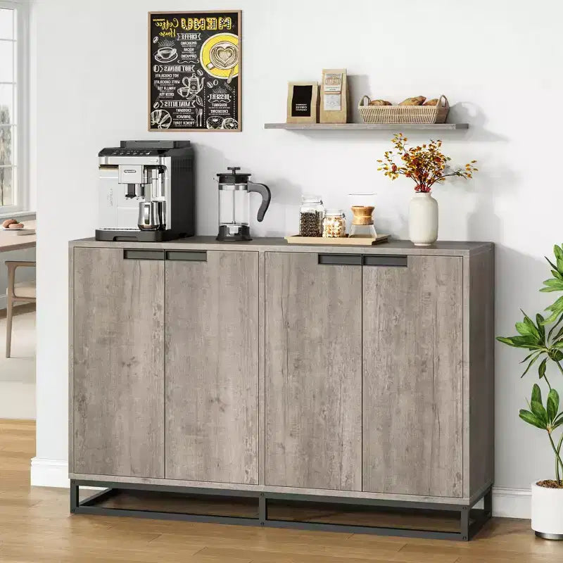 55 Sideboard Kredenz Modernes Buffet Aufbewahrungsschrank mit 4 Türen & Metallgestell, verstellbare Einlegeböden Akzent Couchtisch für Esszimmer