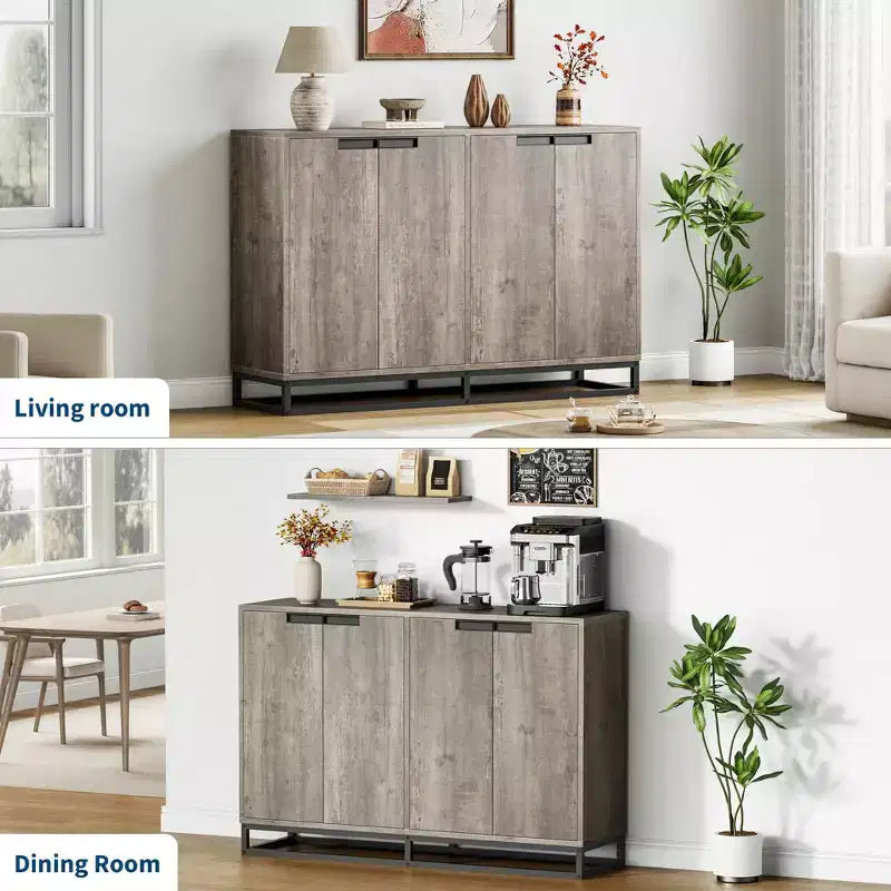 55 Sideboard Kredenz Modernes Buffet Aufbewahrungsschrank mit 4 Türen & Metallgestell, verstellbare Einlegeböden Akzent Couchtisch für Esszimmer