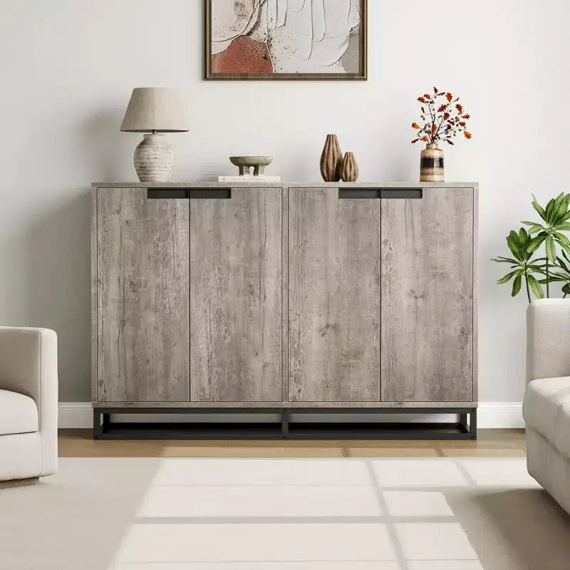 55 Sideboard Kredenz Modernes Buffet Aufbewahrungsschrank mit 4 Türen & Metallgestell, verstellbare Einlegeböden Akzent Couchtisch für Esszimmer