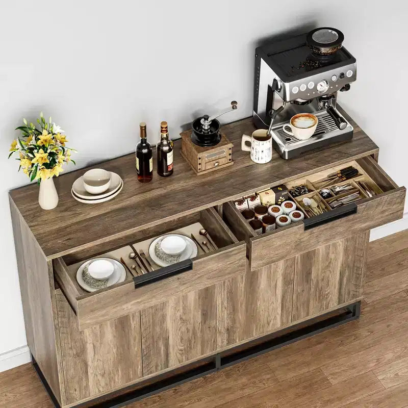 55 Sideboard Kredenz Modernes Buffet Aufbewahrungsschrank mit 4 Türen & Metallgestell, verstellbare Einlegeböden Akzent Couchtisch für Esszimmer