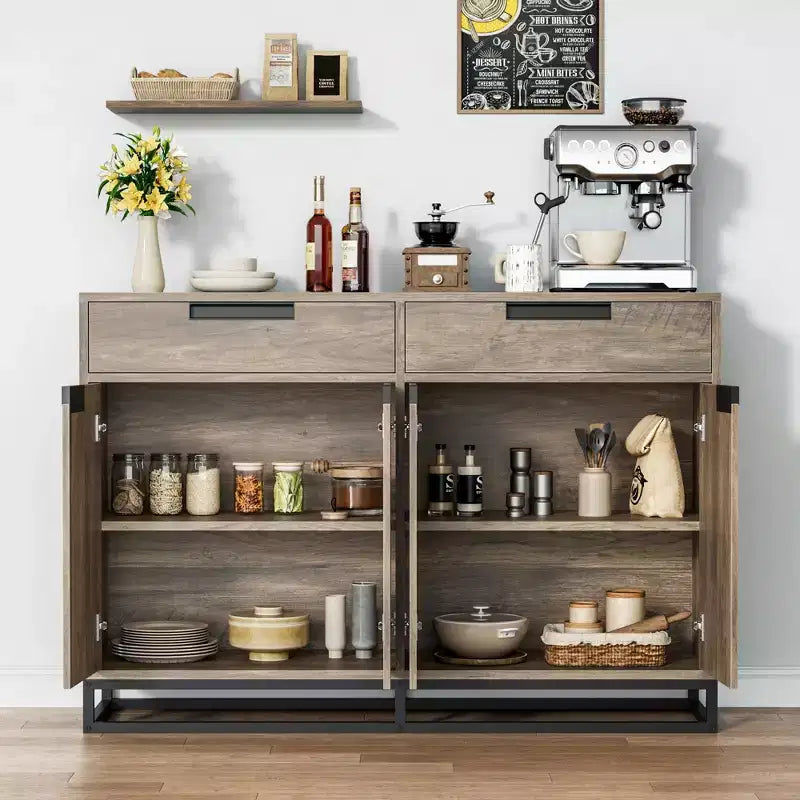 55 Sideboard Kredenz Modernes Buffet Aufbewahrungsschrank mit 4 Türen & Metallgestell, verstellbare Einlegeböden Akzent Couchtisch für Esszimmer