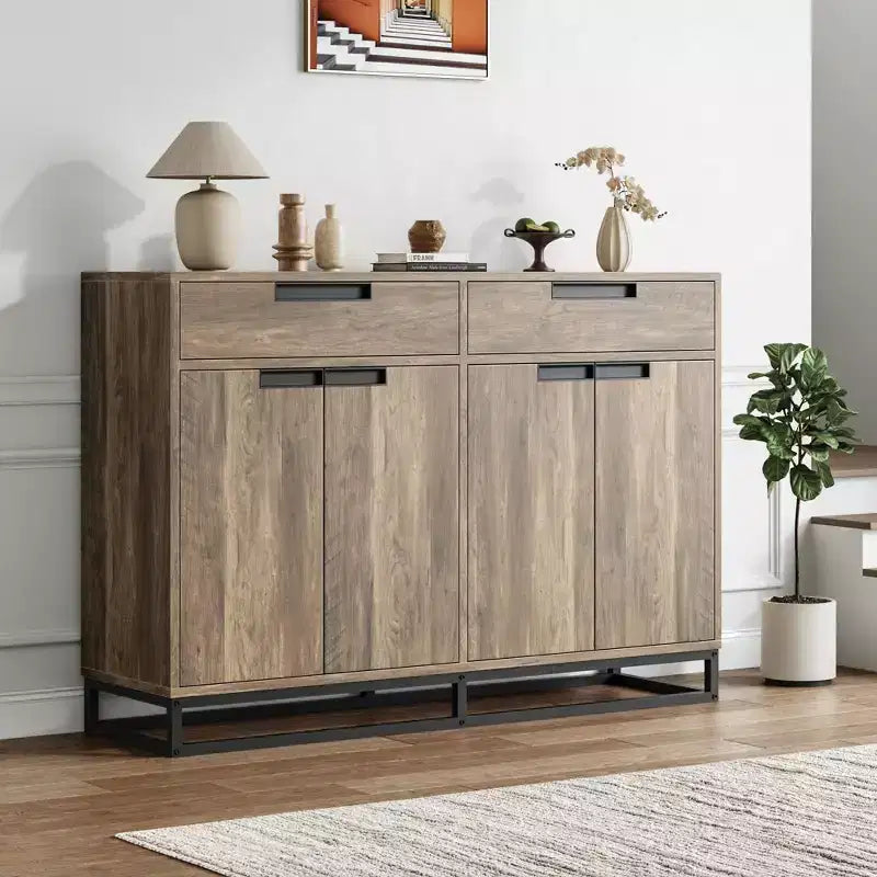 55 Sideboard Kredenz Modernes Buffet Aufbewahrungsschrank mit 4 Türen & Metallgestell, verstellbare Einlegeböden Akzent Couchtisch für Esszimmer