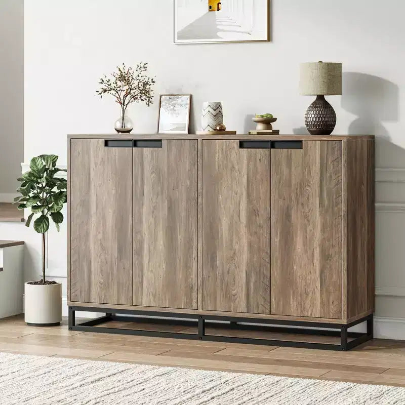 55 Sideboard Kredenz Modernes Buffet Aufbewahrungsschrank mit 4 Türen & Metallgestell, verstellbare Einlegeböden Akzent Couchtisch für Esszimmer