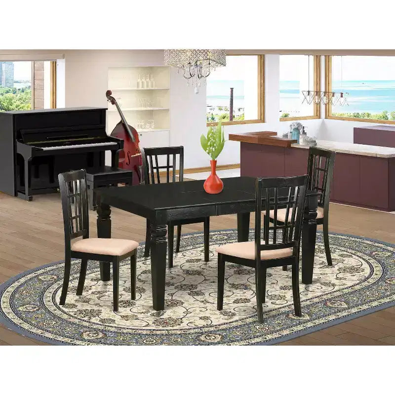 HomeStock 5-teiliger rechteckiger Esstisch aus Massivholz mit schwarzem Finish und 4 Stühlen