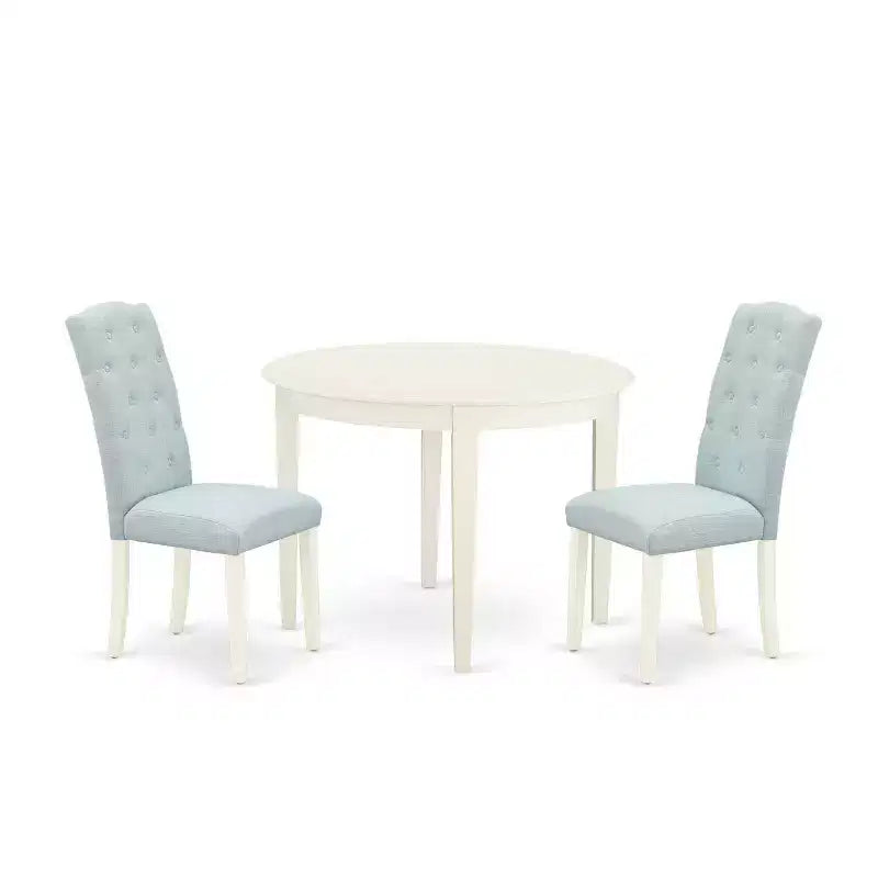 3Pc Dinette Set - Kitchen Table & 2 Chairs - Small Round Table - Linen White & Baby Blue