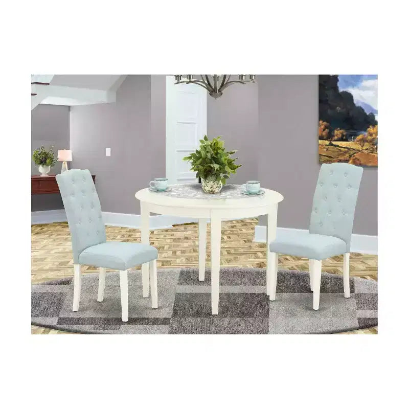 3-teiliges Essgruppen-Set – Küchentisch & 2 Stühle – Kleiner runder Tisch – Leinenweiß & Babyblau