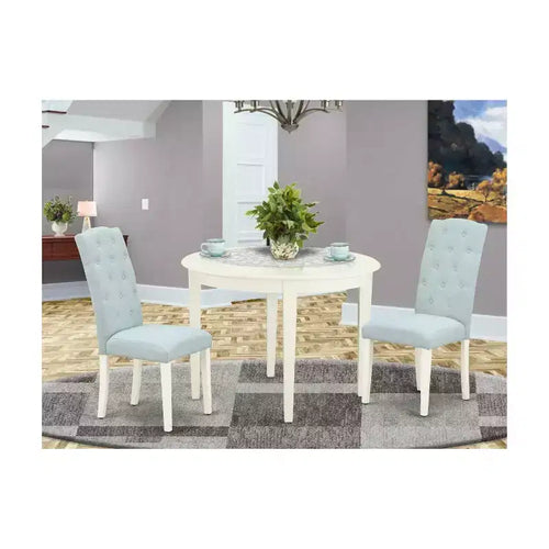 3-teiliges Essgruppen-Set – Küchentisch & 2 Stühle – Kleiner runder Tisch – Leinenweiß & Babyblau