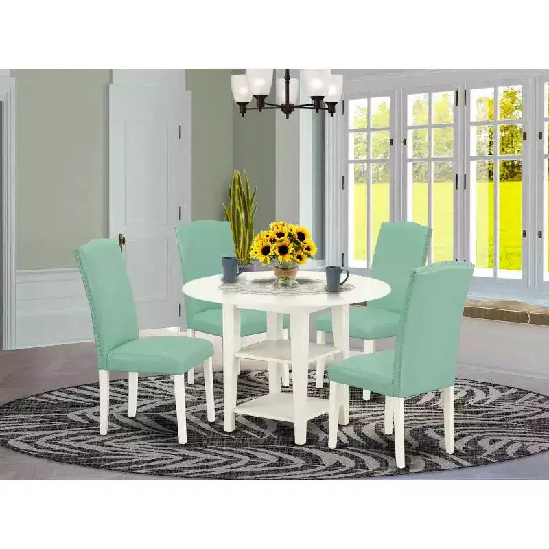 HomeStock 5-teiliges Esszimmer-Set aus Massivholz, weiß lackiert, runder Tisch mit Klappflügeln, für 4 Personen