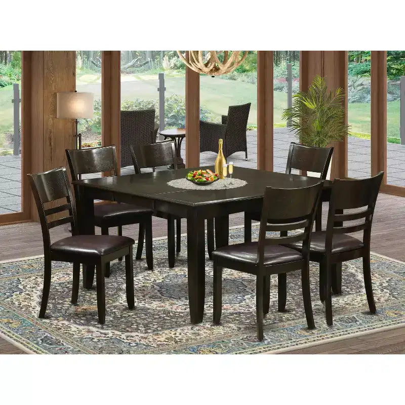 HomeStock 7-teiliger quadratischer Esstisch mit Cappuccino-Finish und Massivholzplatte mit 6 Stühlen
