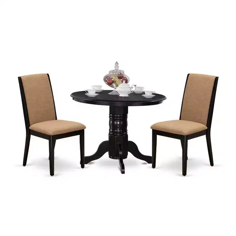 3-Piece Black Finish Solid Wood Top - Round Dining Room Set - Seats 4
