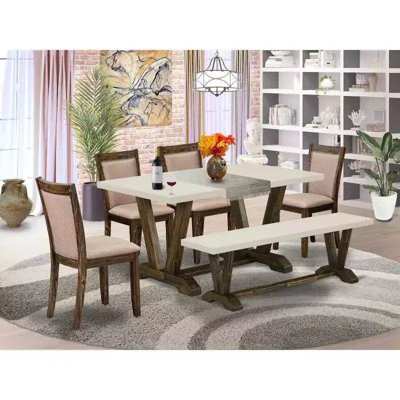 HomeStock 6-teiliger Esstisch mit rechteckiger, abgenutzter Jacobean-Finish-Massivholzplatte mit 1 Bank, 4 Stühlen