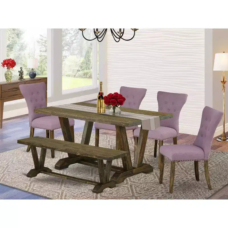 HomeStock 6-teiliges Esszimmer-Set: rechteckiger Esstisch mit Jacobean-Antik-Finish, Massivholzplatte, 1 Bank, 4 Stühle