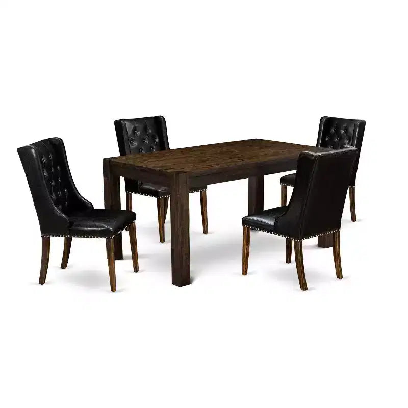 5-Piece Natural Brown Finish Solid Wood Top - Rectangular Button Tufted Dining Room Set - Seats 4