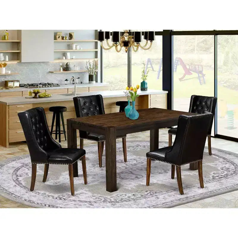 5-teiliges Esszimmer-Set mit rechteckiger, naturfarbener Massivholzplatte und Knopfheftung – für 4 Personen