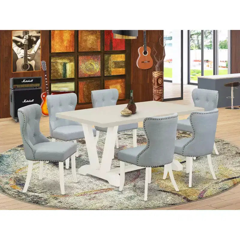 HomeStock 7-teiliger Esstisch aus Massivholz mit natürlicher Eichenholz-Optik und 6 Stühlen