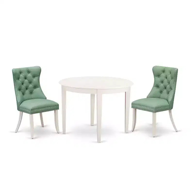 3-Piece Linen White Finish Round Solid Wood Top Dining Table Set