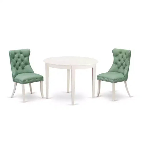 3-Piece Linen White Finish Round Solid Wood Top Dining Table Set