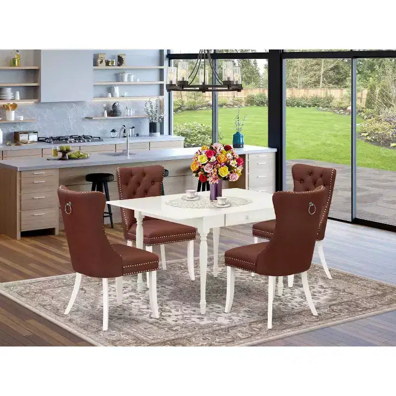 5-teiliges Esszimmer-Set mit Leinen-Weiß-Finish und Massivholzplatte – Rechteckig, gepolstert – Für 4 Personen